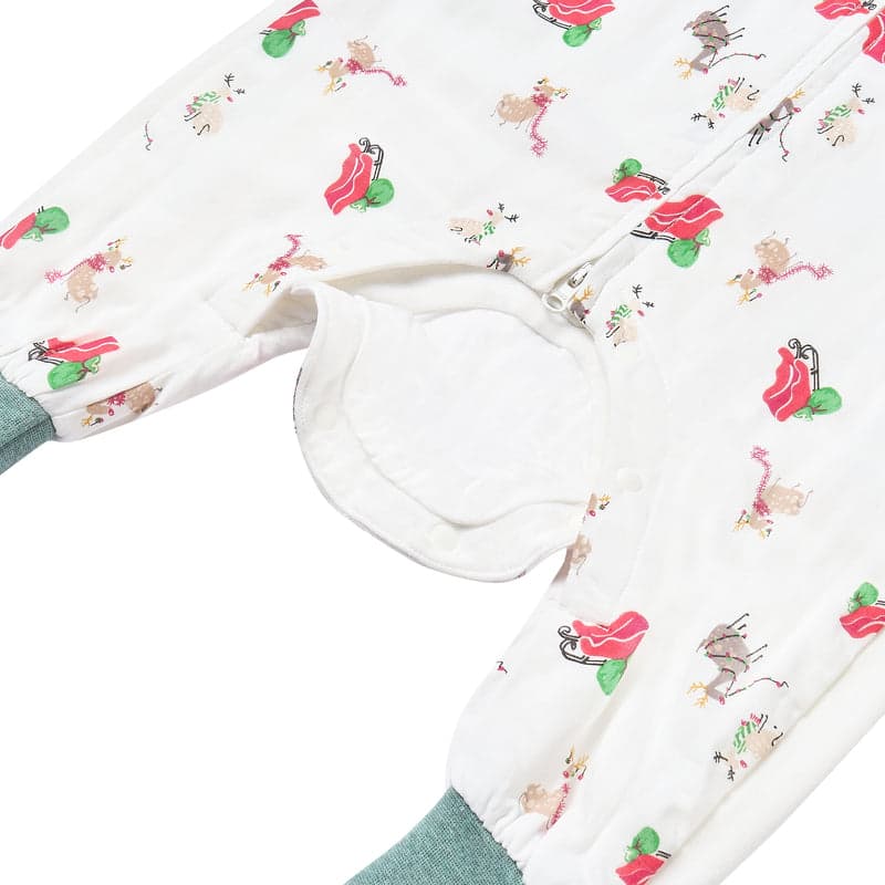 Nest Designs bamboo jersey long-sleeve footed sleep bag, white with sleigh print; zipper open to reveal footed bottom, 2.5 Tog
