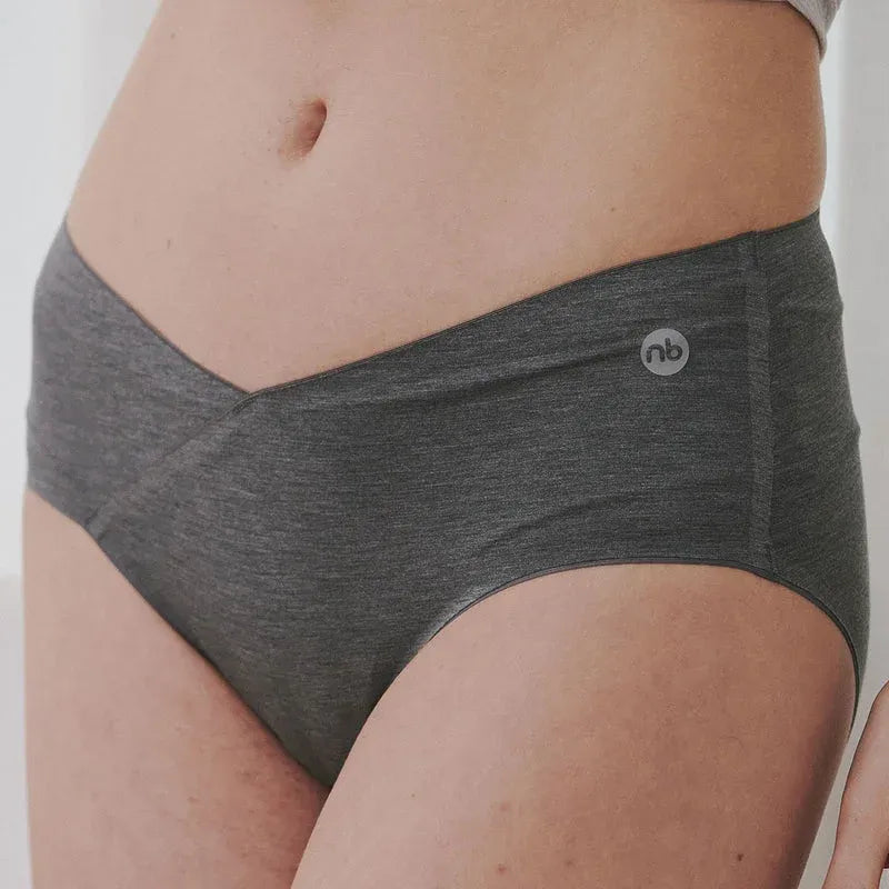 Dark gray bamboo jersey maternity underwear, high-waisted with curved waistband and small logo at the hip.