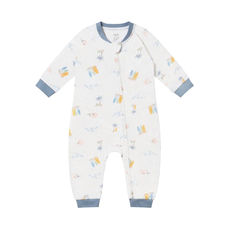 Nest Designs Bamboo Jersey One-Piece Zip Footless Sleeper Pastel Waves with blue cuffs and front zip