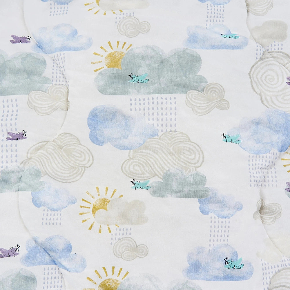 NEST DESIGNS Nest Designs Bamboo Jersey Quilted Cozy Blanket Fluffy Puffs watercolor clouds with airplane motifs and 3D puffy img 6/6