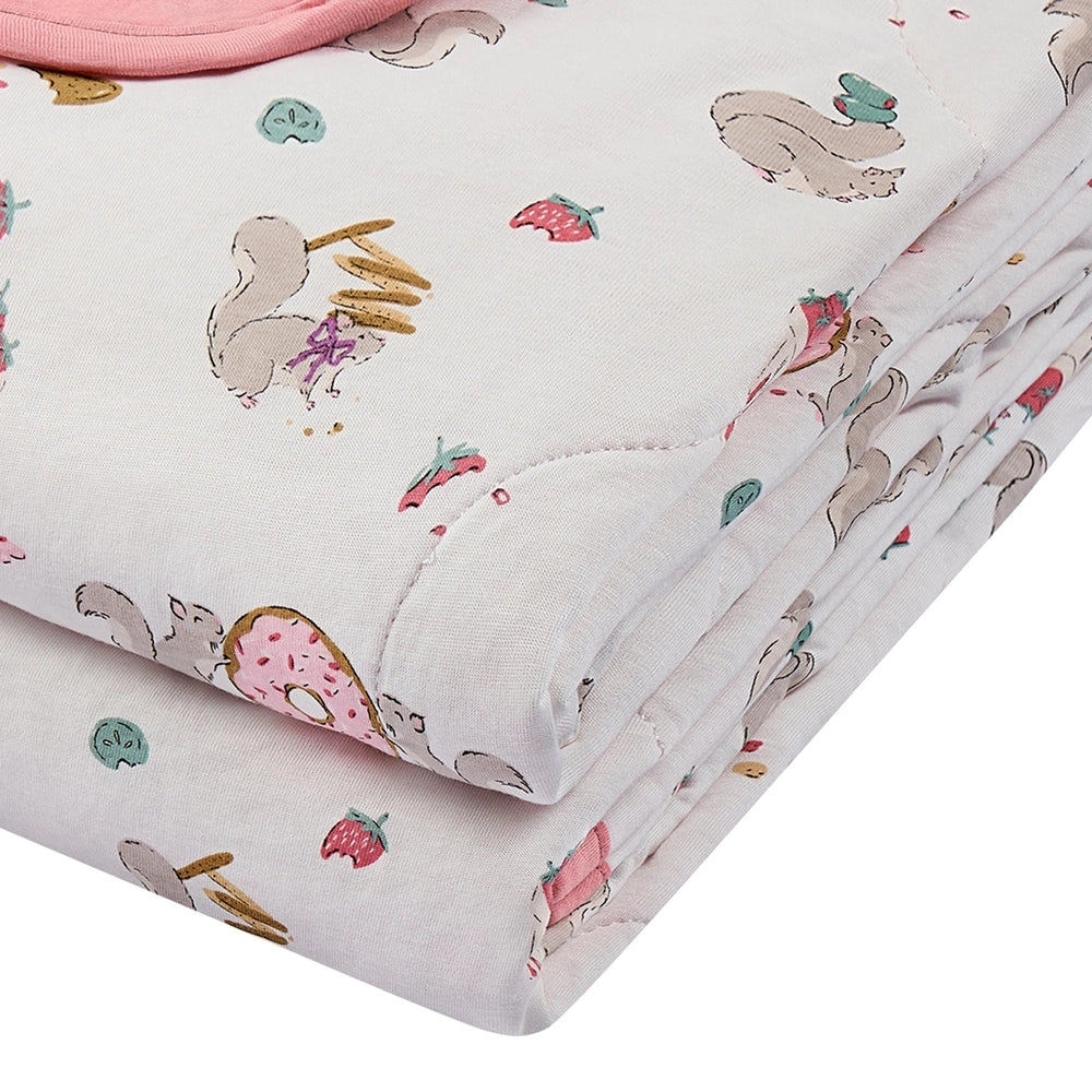 NEST DESIGNS Nest Designs Bamboo Jersey Quilted Cozy Blanket Very Squirrelly Diamond quilted stitching with pink ribbed binding trim img 5/6
