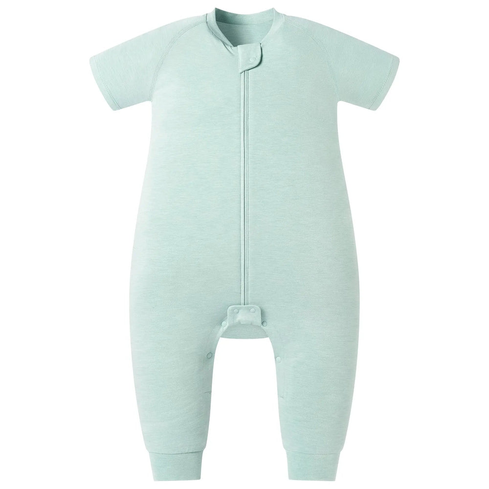 Nest Designs Bamboo Jersey Short Sleeve Footed Sleep Bag in Harbor Grey; front long zipper with snap crotch proves easy diaper changes.