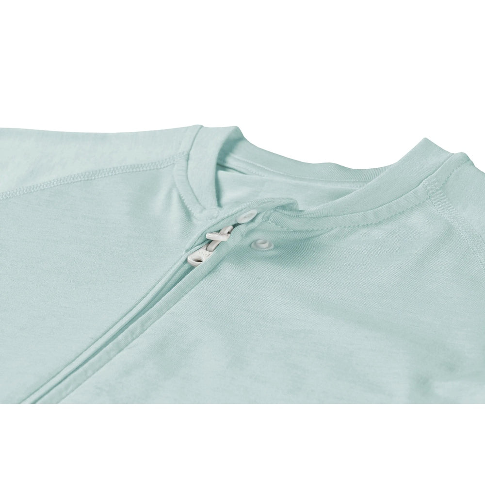 Nest Designs Bamboo Jersey Short Sleeve Footed Sleep Bag 0.5 Tog in Harbor Grey, front zipper and snaps visible.
