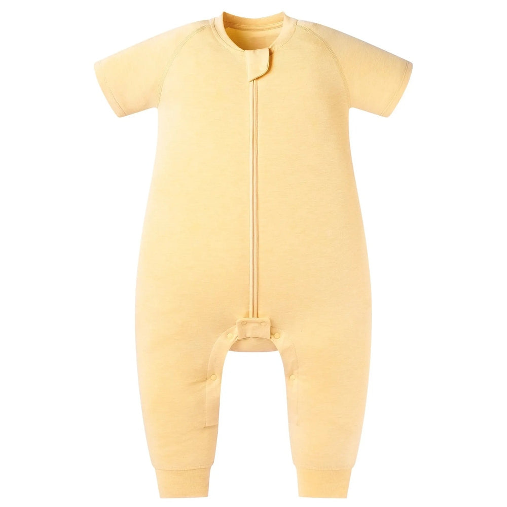 Nest Designs Bamboo Jersey Short Sleeve Footed Sleep Bag 0.5 Tog Pantone Sunset Gold, front-zip full-length sleep sack.