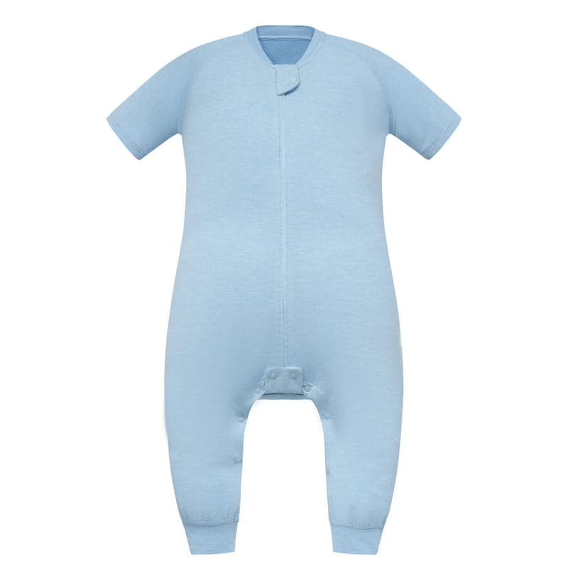 Nest Designs Bamboo Jersey Short Sleeve Footed Sleep Bag 0.6 Tog in Forget-Me-Not blue, laid flat.