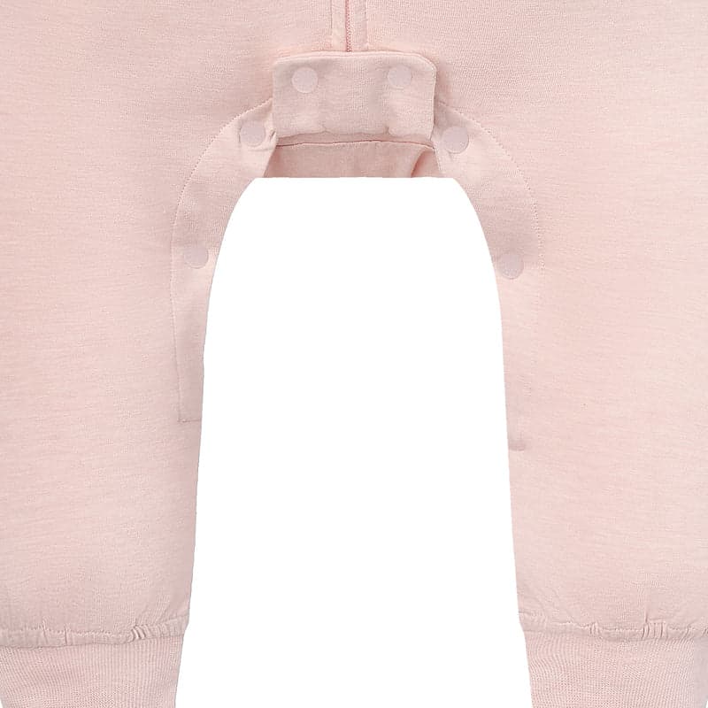 Nest Designs Bamboo Jersey Short Sleeve Footed Sleep Bag 0.6 Tog Rose Smoke shown with shoulder snaps.