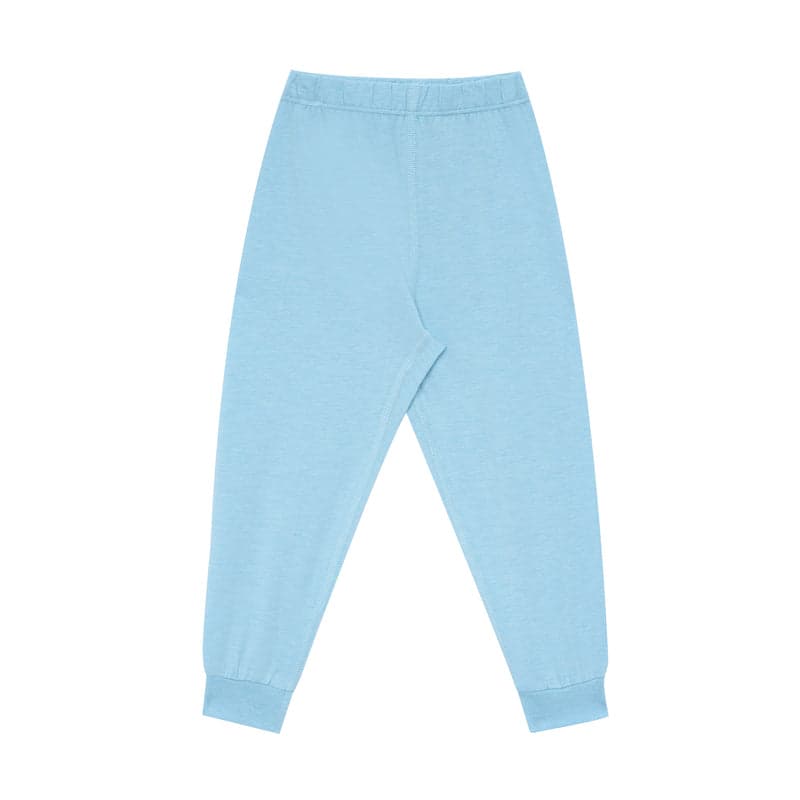 Nest Designs Forget-Me-Not bamboo jersey sleep pants with elastic waist and ribbed cuffs, shown in pastel blue