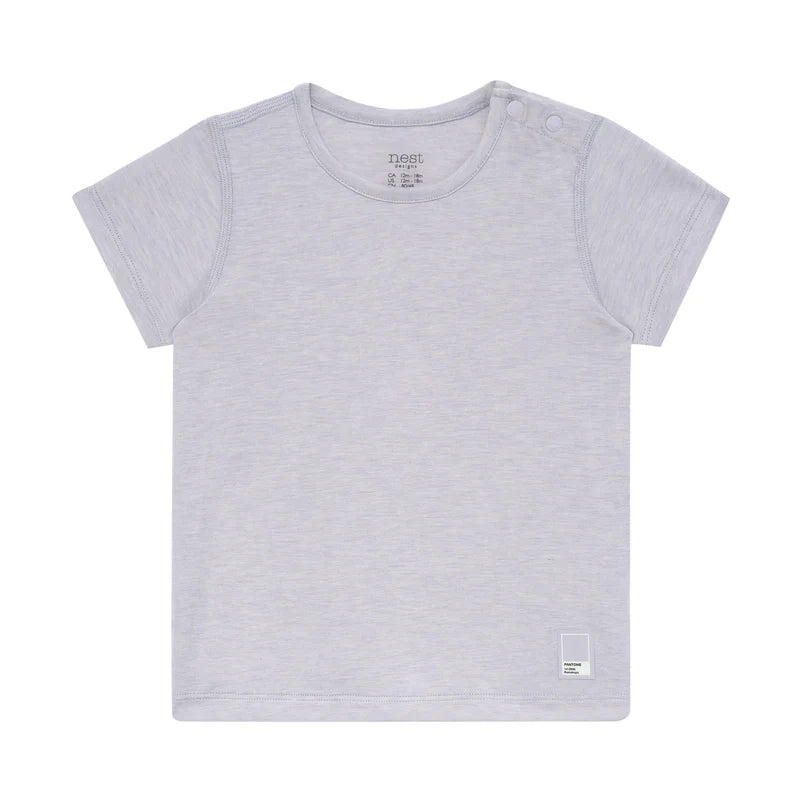 Nest Designs Bamboo Jersey Short Sleeve PJ Set Lavender Blue, baby sleepwear laid flat with shoulder snaps.