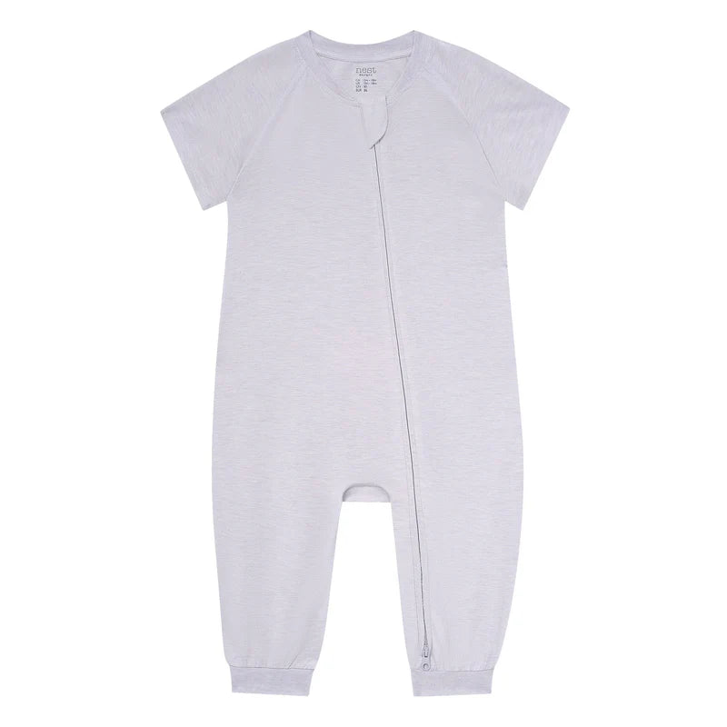 Nest Designs Bamboo Jersey Short Sleeve Slant Opening Romper Lavender Blue with a diagonal zipper for easy dressing.