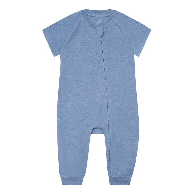 Nest Designs Bamboo Jersey Short Sleeve Slant Opening Romper Troposphere blue laid flat showing front knot neckline.