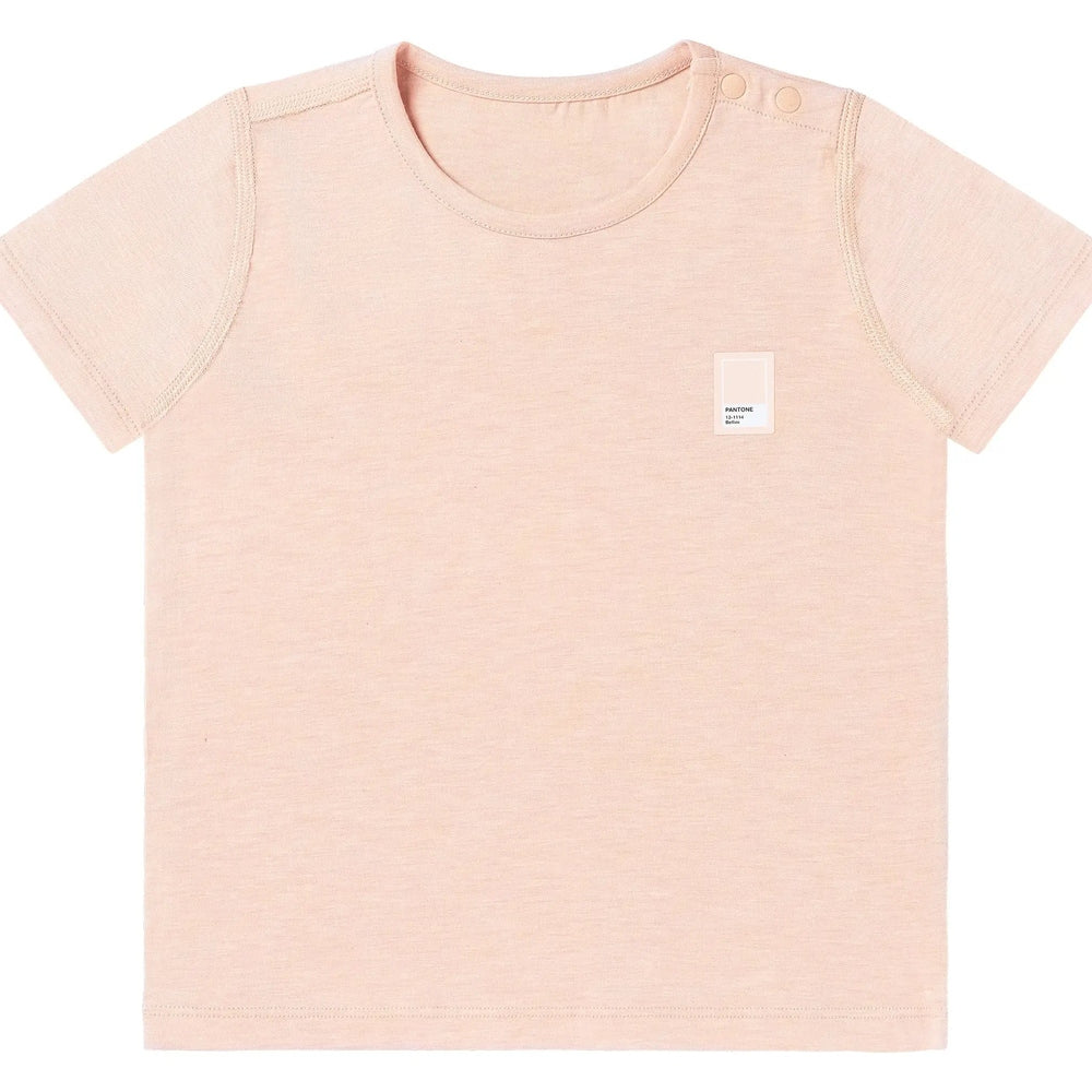 Nest Designs bamboo jersey short-sleeve T-shirt Pantone Bellini pink laid flat with small label patch