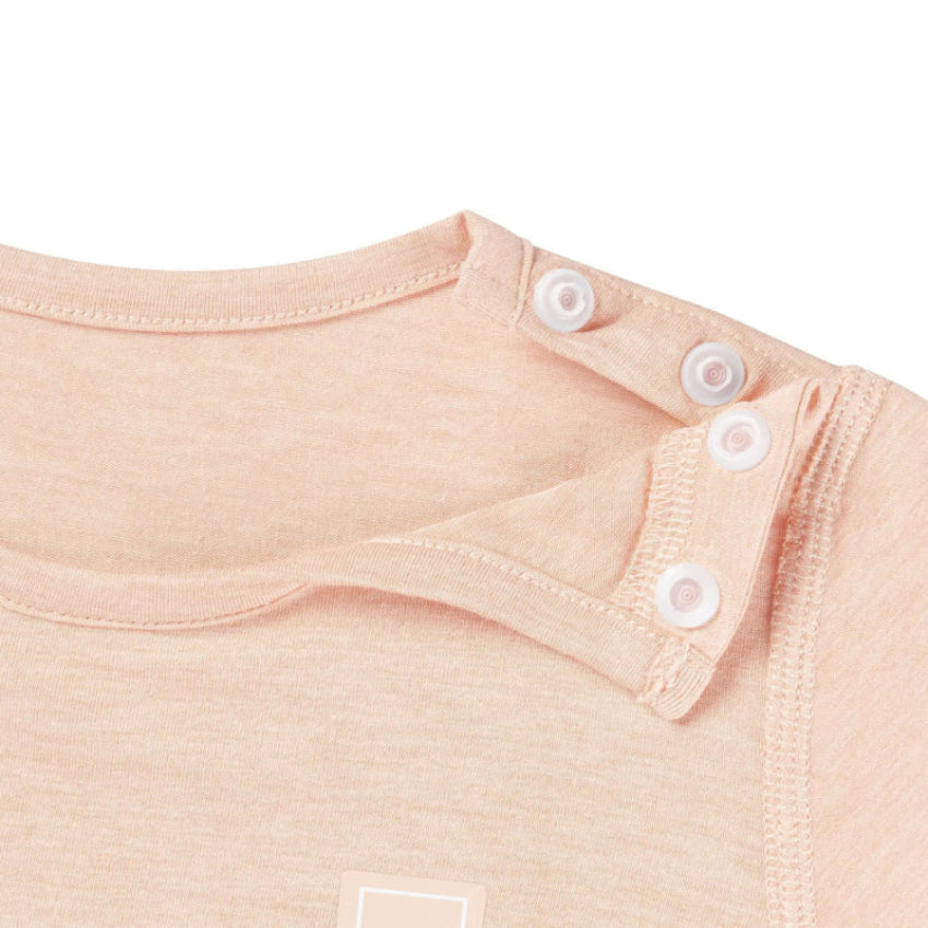 Nest Designs Bamboo Jersey Short Sleeve T-Shirt Pantone Bellini peach, shoulder snap buttons.