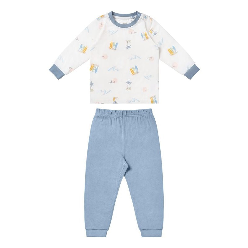 Nest Designs Bamboo Jersey Two-Piece Long Sleeve Pajama Set Pastel Waves; white top with pastel print and blue cuffs, blue pants.