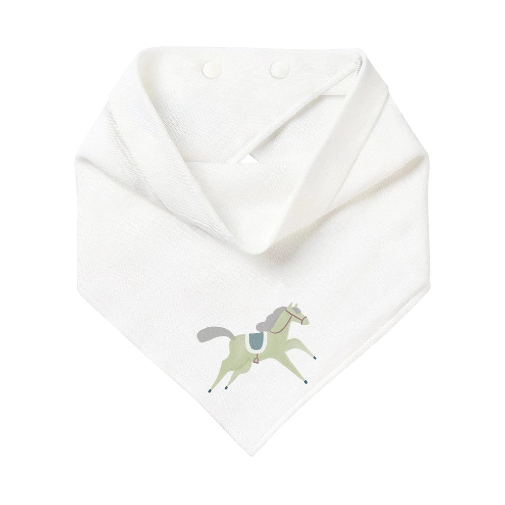Nest Designs Pony Express Bandana Bib in White with green pony print