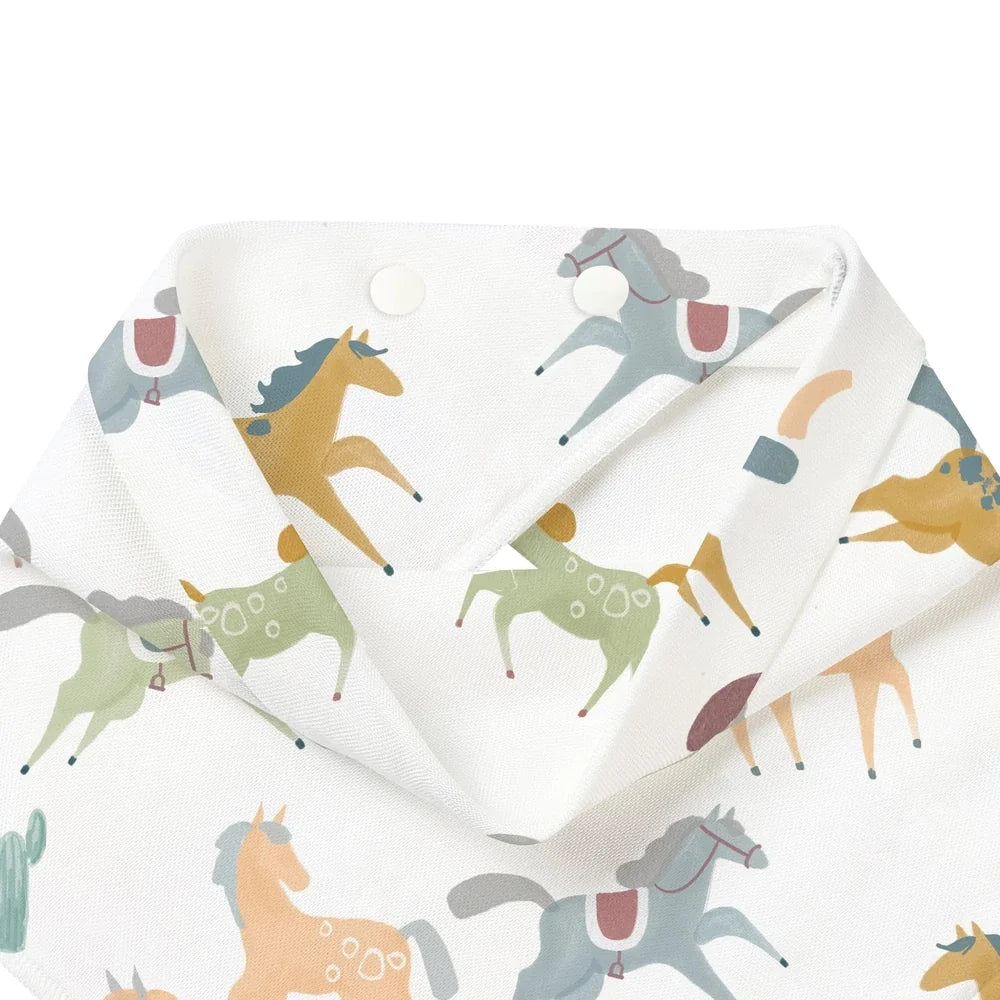 Nest Designs Bamboo Muslin Baby Bandana Bib Pony Express in White with pastel horse print