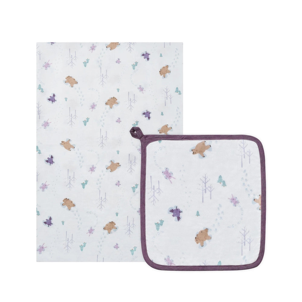 Nest Designs Bamboo Muslin Small Nesting Blanket set (120cm) with purple-trim mini blanket and bear/tree print.