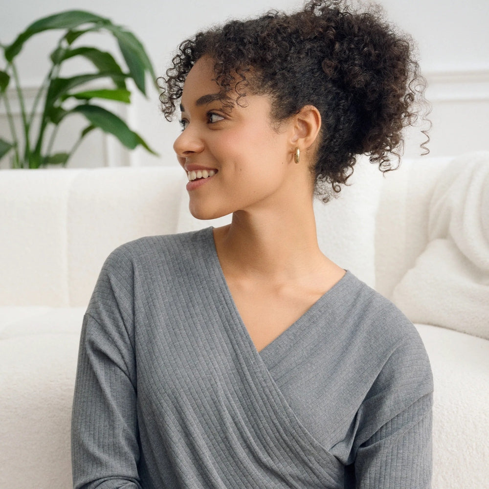 Gray bamboo-knit ribbed nursing top with wrap V-neck.