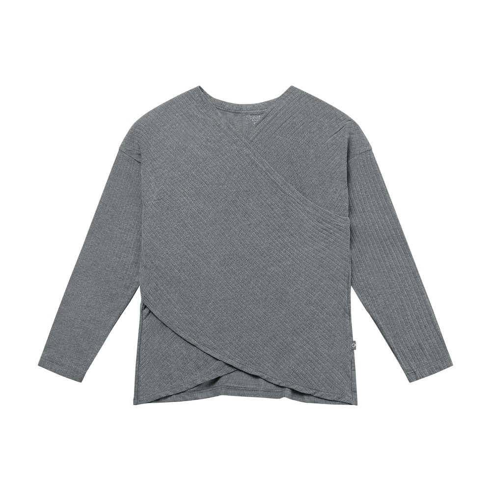 Gray bamboo-knit nursing top with wrap front, V-neck, quilted rib texture, long sleeves.