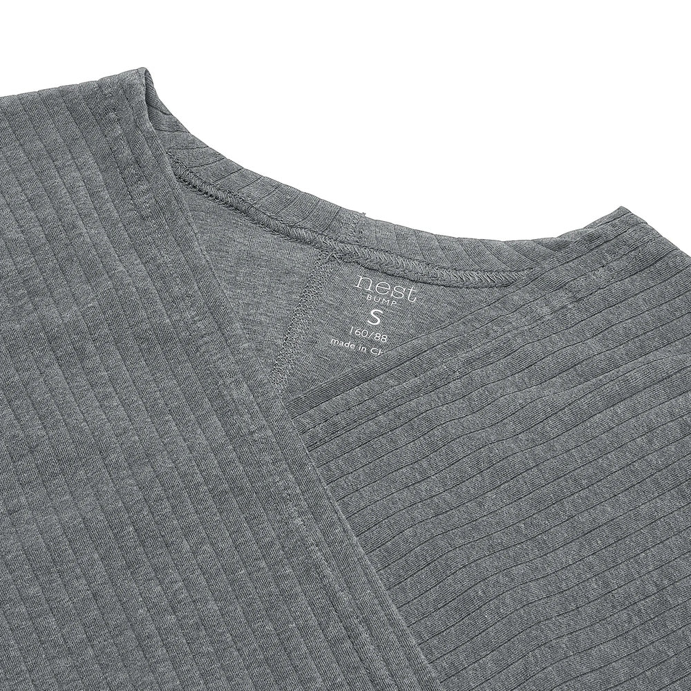 Grey bamboo-knit nursing top with ribbed texture and V-neck.