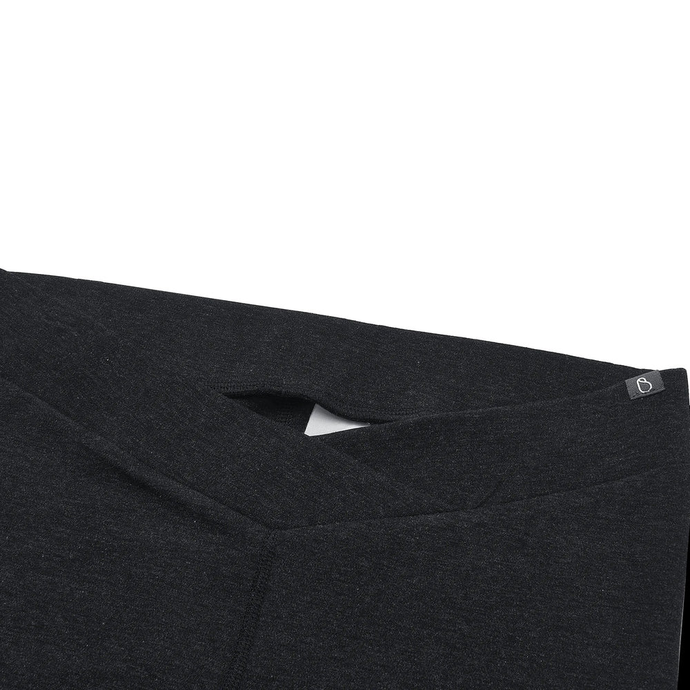 Charcoal black heathered maternity leggings with a small gray logo tag at the waistband.