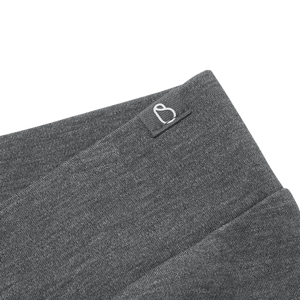 Charcoal grey bamboo maternity straight-leg pants with heathered fabric and waistband loop tag.