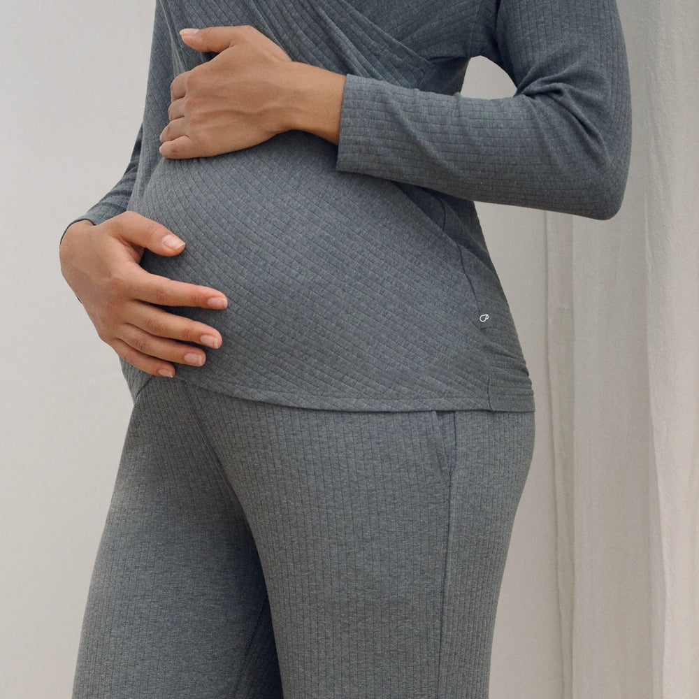 Nest Designs Bamboo Nest Bump maternity wide-leg pants in grey ribbed knit fabric