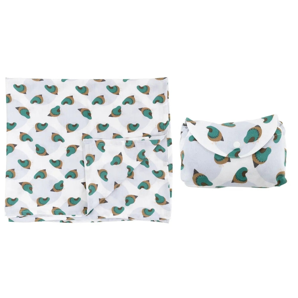 Nest Designs Bamboo Nursing Cover with matching storage pouch, white fabric with teal and brown shapes, laid flat.