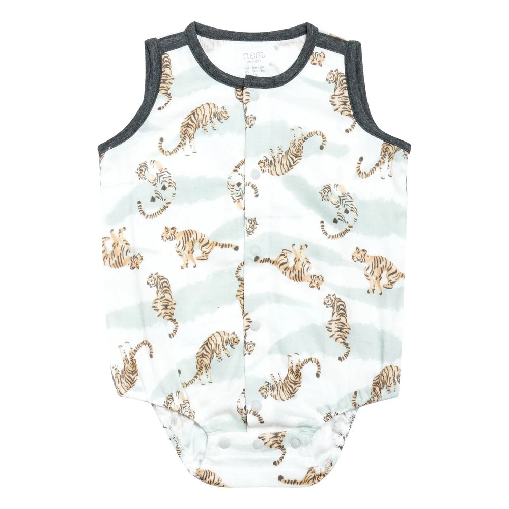 Nest Designs Bamboo Pima Sleeveless Button-Down Onesie Jungle Stripes in pale blue, laid flat to show sleeveless cut and button placket