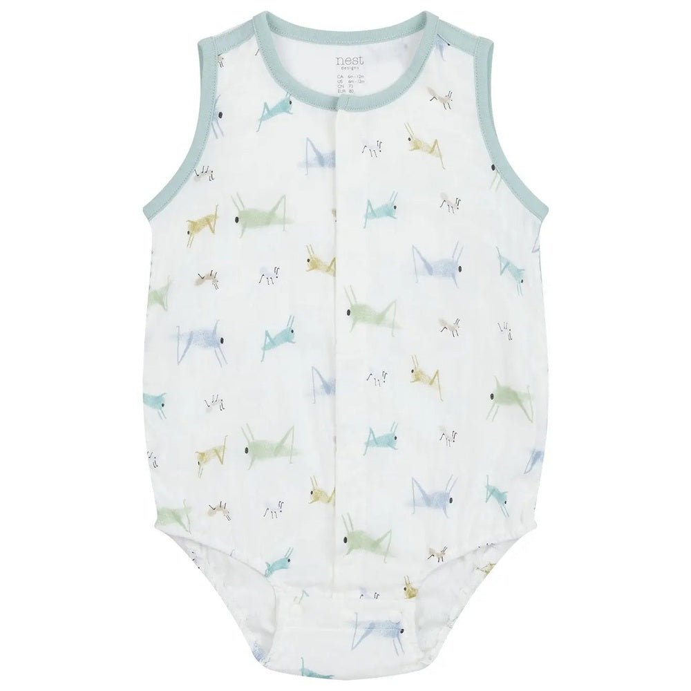 Nest Designs Bamboo Pima Sleeveless Onesie The Ant & The Grasshopper, white with pastel print; aqua trim, laid flat.