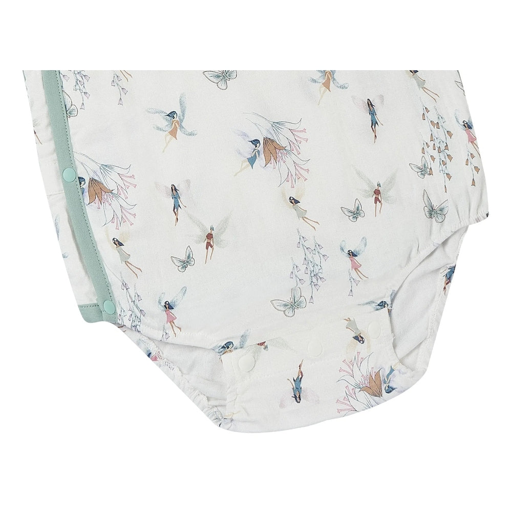 Nest Designs Bamboo Short Sleeve Kimono Onesie Fairy Tale print with pastel fairies and butterflies, mint side-snaps.
