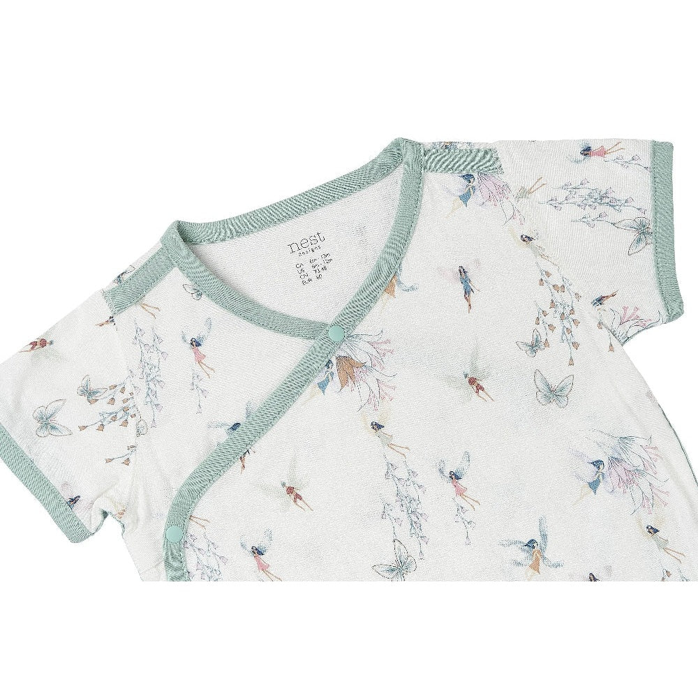 Nest Designs Bamboo Short Sleeve Kimono Onesie Fairy Tale, white with sage-green trim, crossover front fastened by a snap.