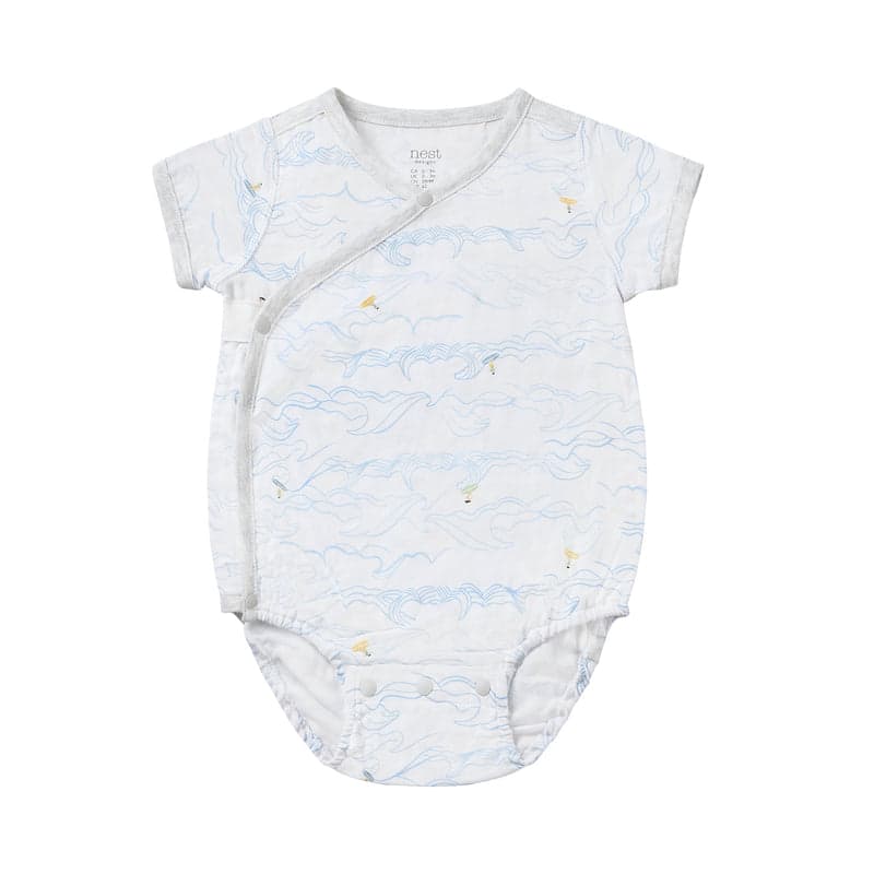 Nest Designs Bamboo Short Sleeve Kimono Onesie Surf's Up, white with pale blue waves, wrap-front with side snaps.
