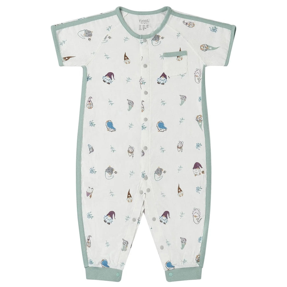 Nest Designs Bamboo Short Sleeve Romper Oh Gnome, white with teal trim and gnome prints, laid flat.