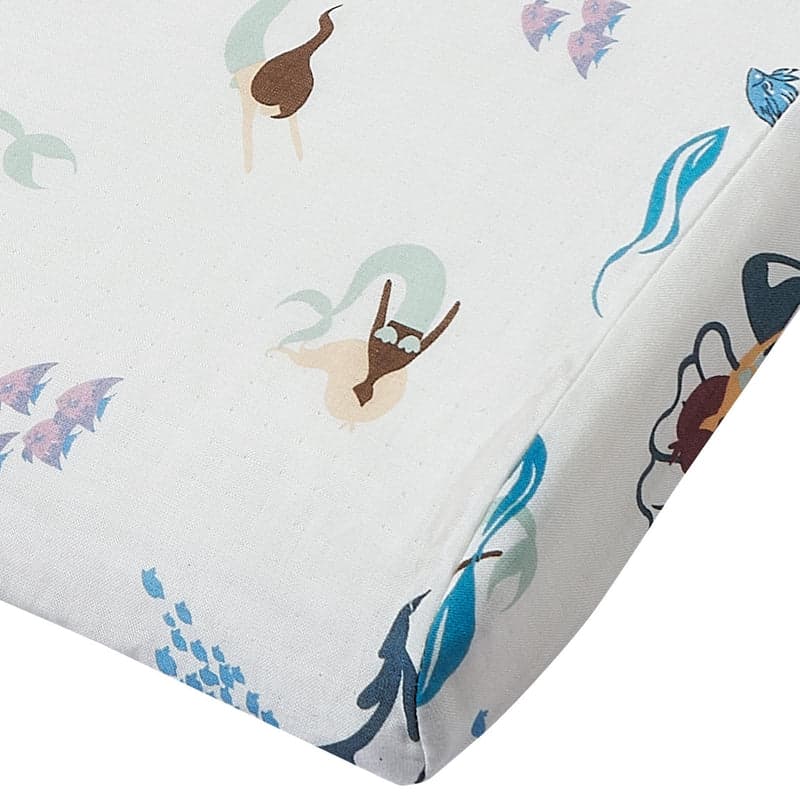Nest Designs bamboo silk toddler pillow and case Splish Splash, white with pastel mermaid prints and smooth silk-like fabric