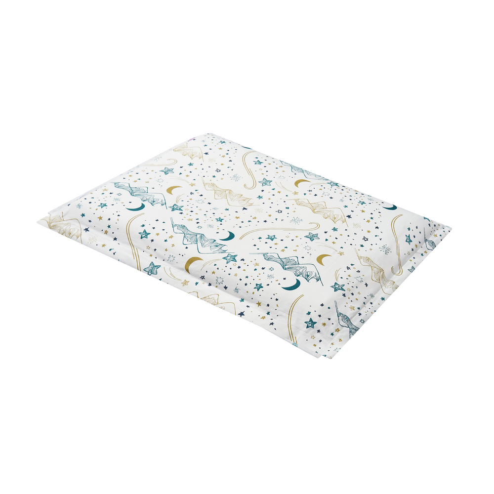 Nest Designs Bamboo Toddler Pillowcase in White with teal stars and gold moons pattern
