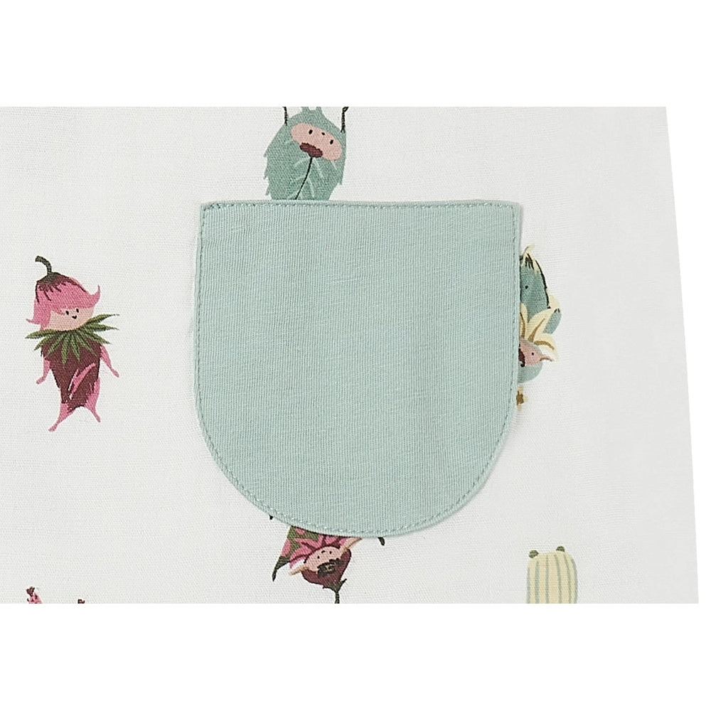 Nest Designs bamboo sleeveless romper Pixie Dust with a mint pocket, showcased on playful print fabric.