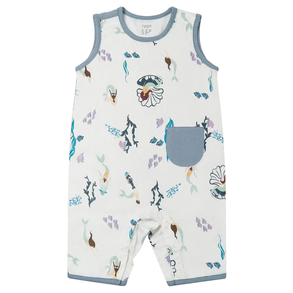 Nest Designs Bamboo Sleeveless Romper Splish Splash in white with blue trim and a front blue pocket
