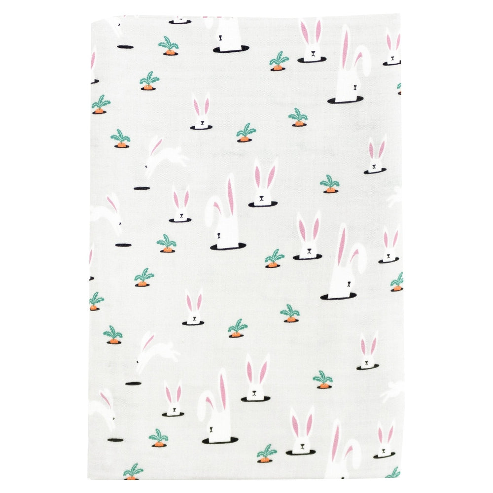 Nest Designs Bamboo Swaddle Blankie, pale gray fabric with white rabbits and tiny carrot prints laid flat