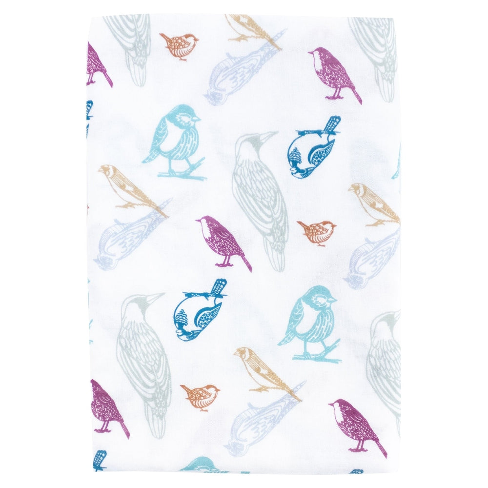 Nest Designs Bamboo Swaddle Blankie, white fabric folded to reveal multicolor bird print.
