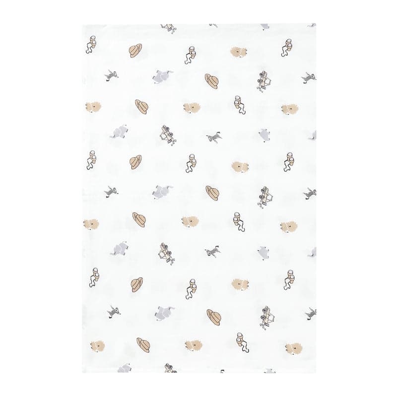 Nest Designs Bamboo Swaddle Blankie white with beige/gray space-themed astronauts and rockets laid flat.