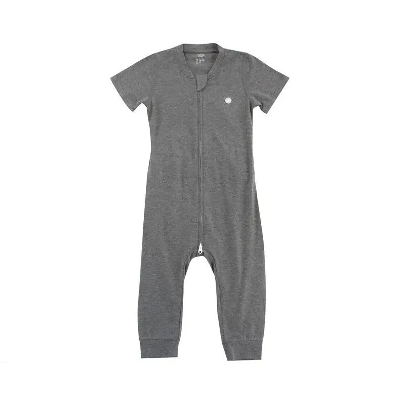 Nest Designs Basics Bamboo Cotton Short Sleeve Drop Bottom Romper in charcoal, front full-length zipper shown.