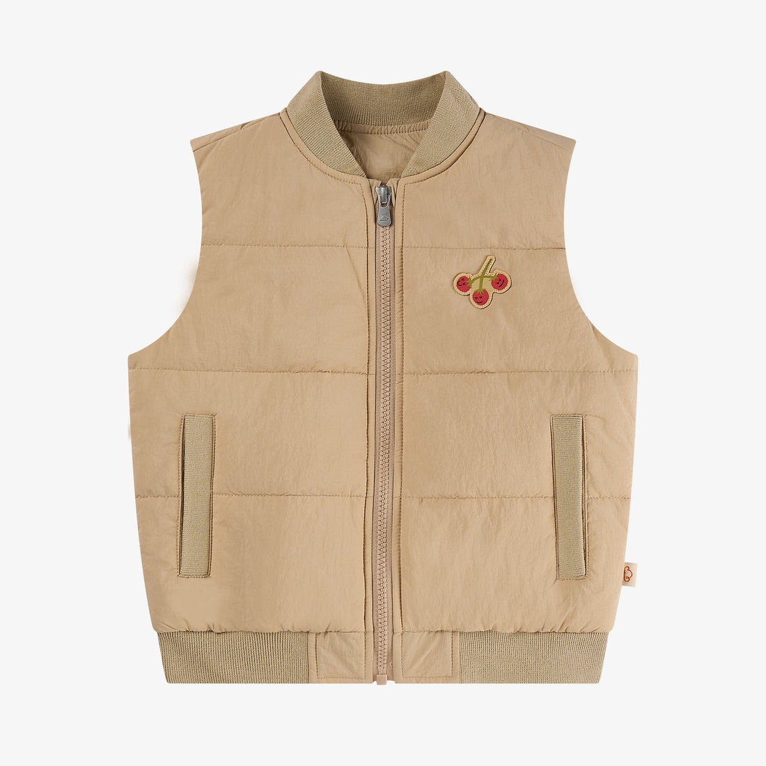 Nest Designs Biscuits & Vine Puffer Vest in Toast, front view with horizontal quilting, welt pockets and embroidered cherry motif