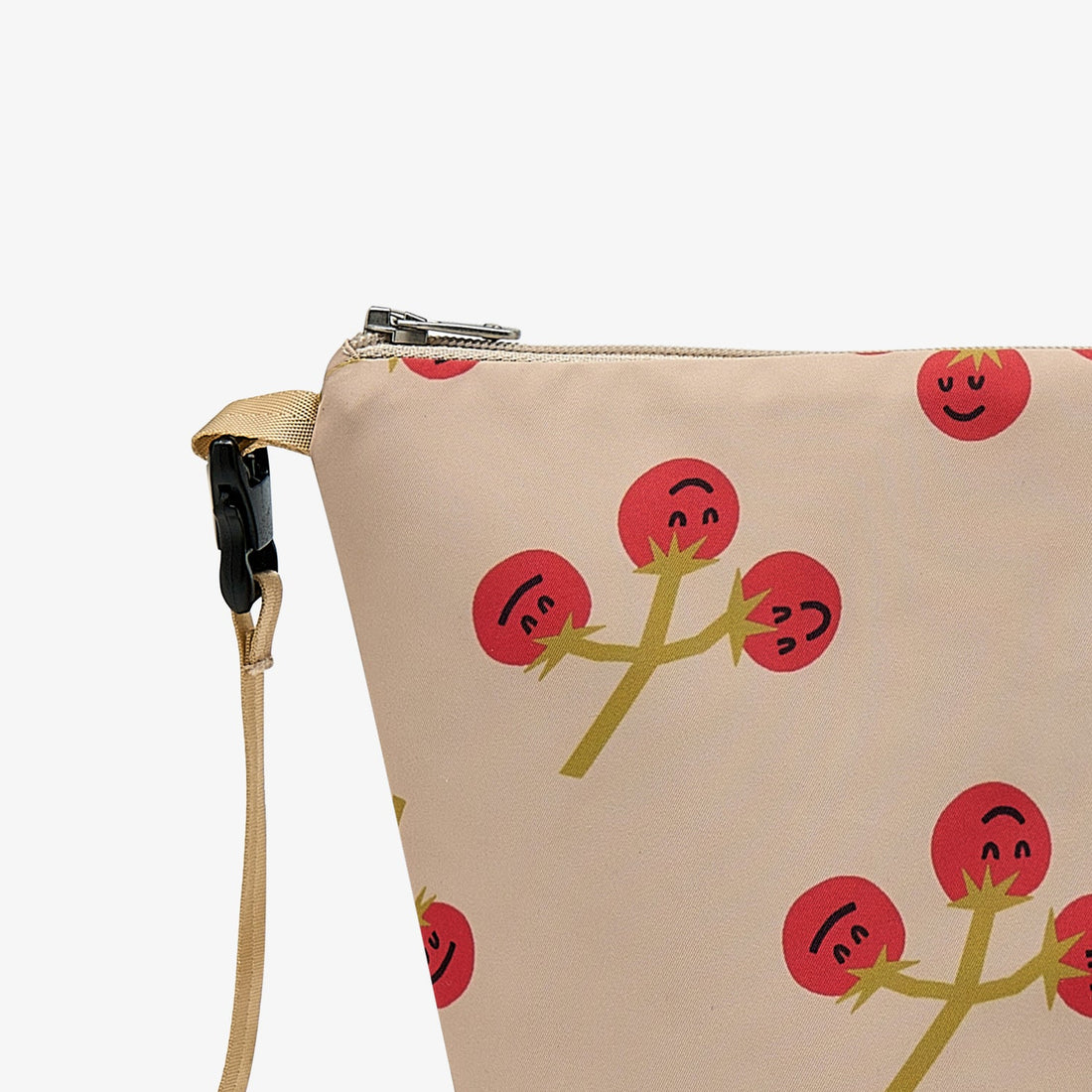 Nest Designs Biscuits and Vine waterproof bag in You're So Vine blush, zipper-edge close-up with smiling cherry cluster