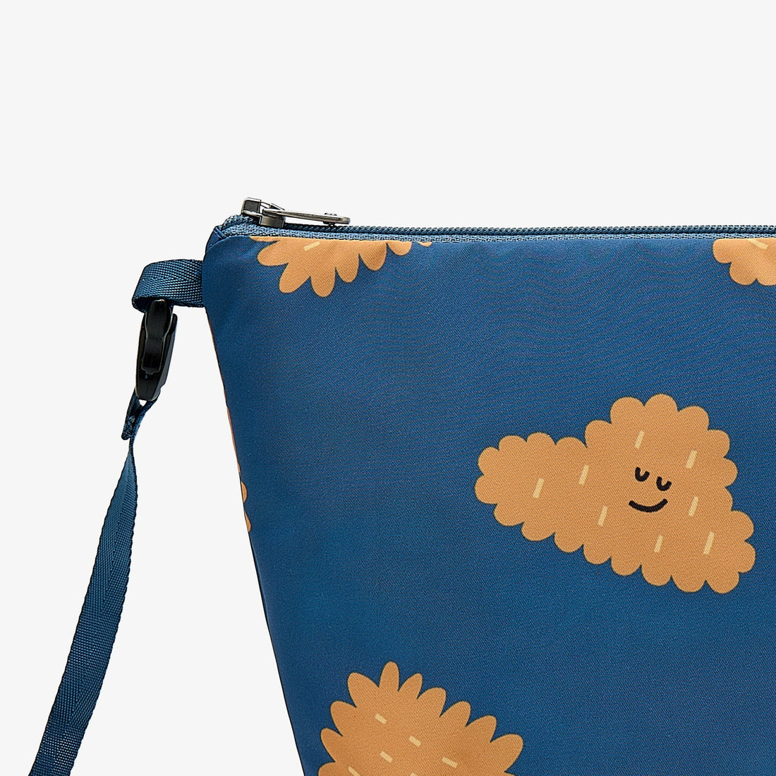 Nest Designs Biscuits and Vine waterproof bag in Biscuit Banter navy, top-panel close-up with zipper and pebbled finish
