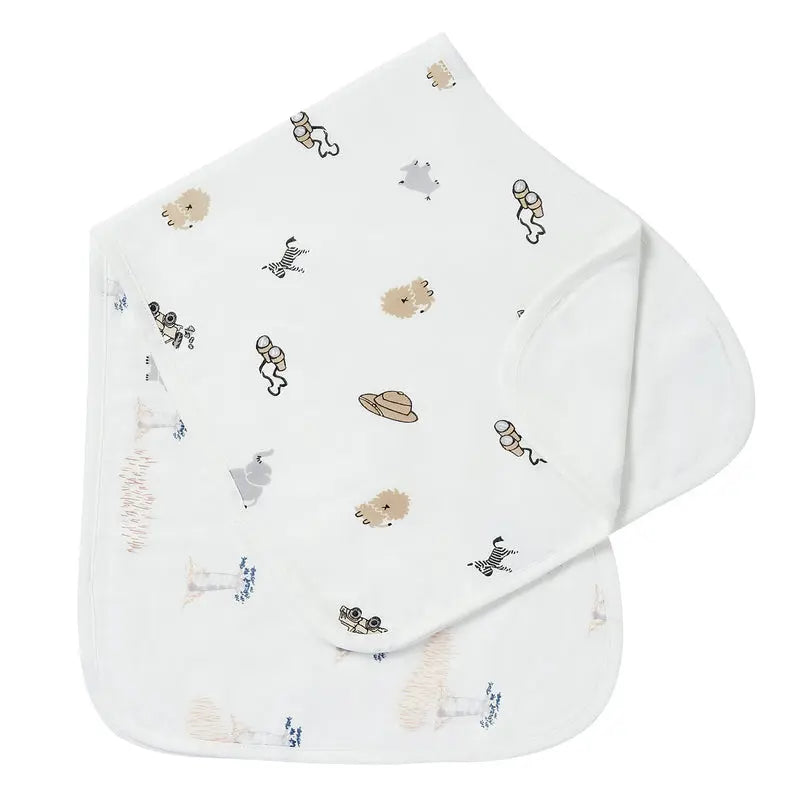 Nest Designs Burp'N Bib (2 Pack) white burp bibs with space-theme astronauts and planets laid flat for feeding.