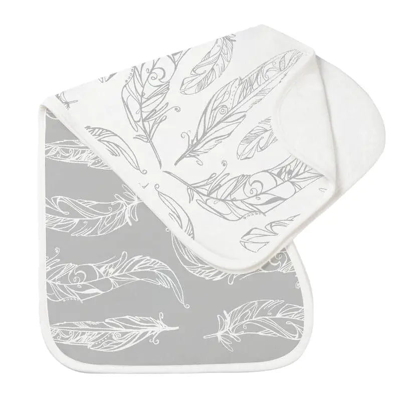 Nest Designs Burp'N Bib (2 Pack) gray and white feather-print burp cloths; two-piece set shown with one folded over.