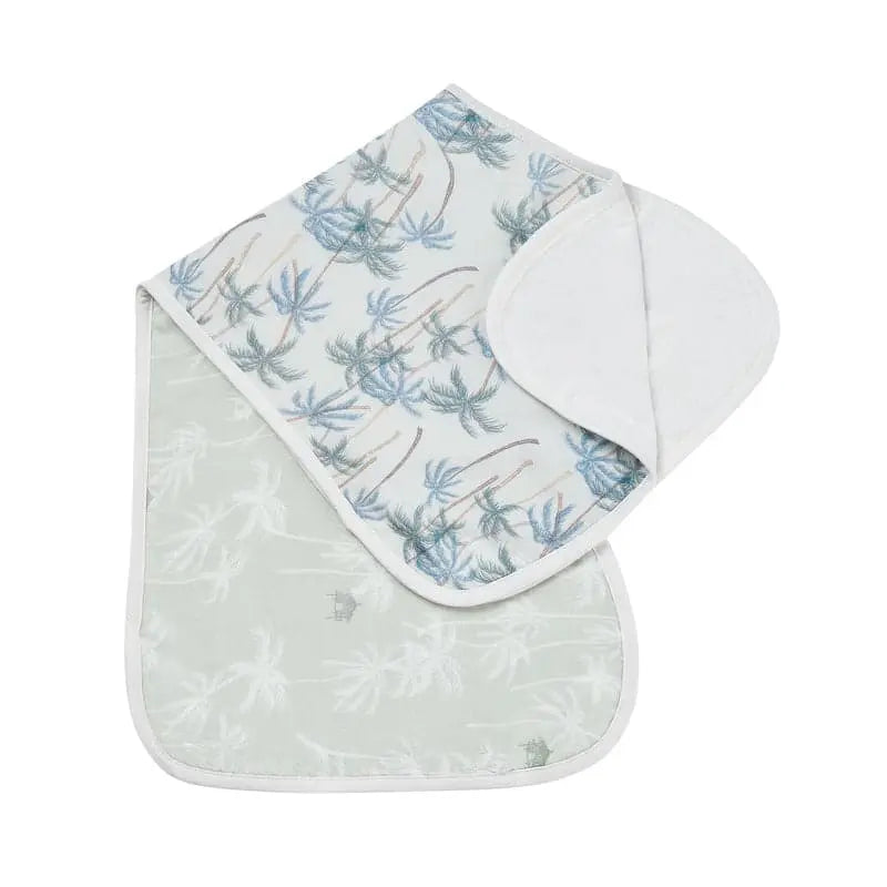 Nest Designs Burp'N Bib 2-pack palm-tree print burp cloths with white backing, laid flat to display two cloths.