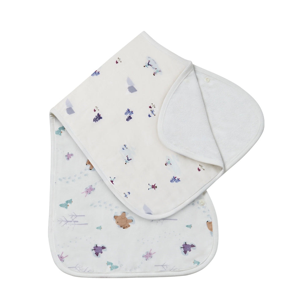 Nest Designs Burp'N Bib 2-Pack; white with pastel woodland prints, terry backing catches spills.