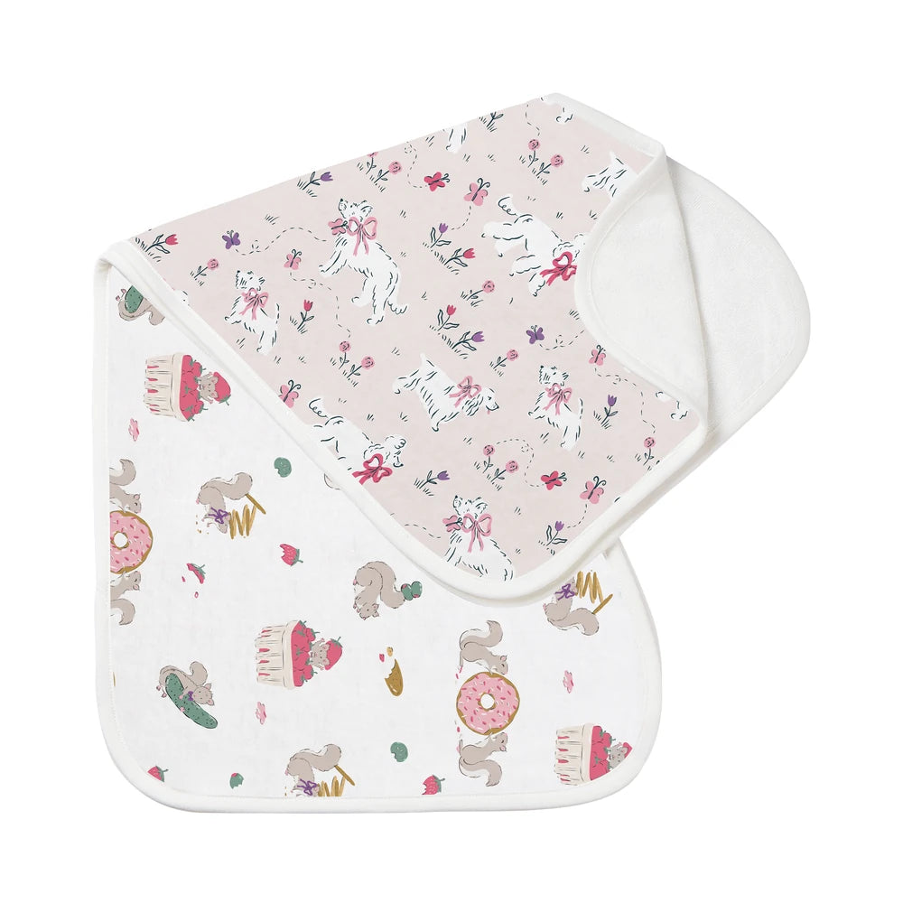 NEST DESIGNS Nest Designs Bamboo Burp 'n Bib 2 Pack Cheeky Capers white contrast binding trim with food and bunny prints img 1/11