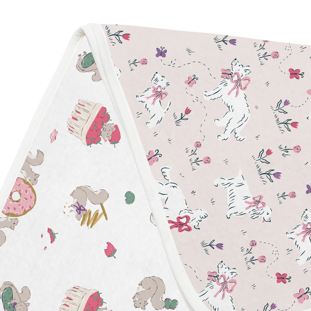 NEST DESIGNS Nest Designs Bamboo Burp 'n Bib 2 Pack Cheeky Capers white binding trim with illustrated squirrels and bow-wearing img 10/11